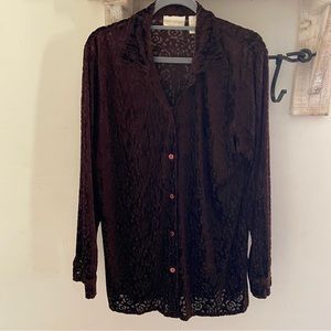 Vintage 90s brown velvet floral rose burnout whimsigoth button up shirt